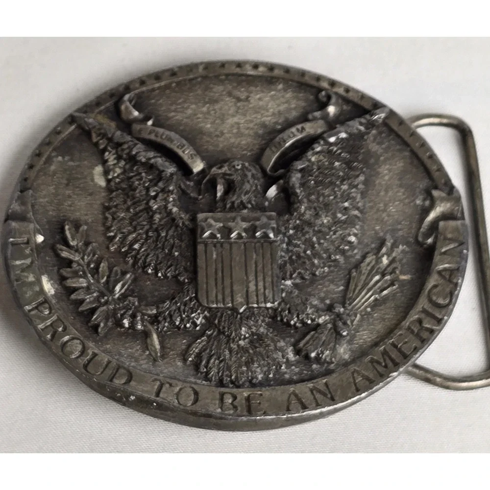 Belt Buckle - Proud To Be An American - 1981 H132 USA - Bergamot Brass Works